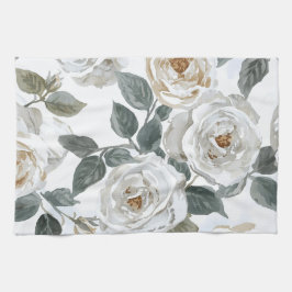 Garden Roses | White Watercolor Floral Vintage Kökshandduk