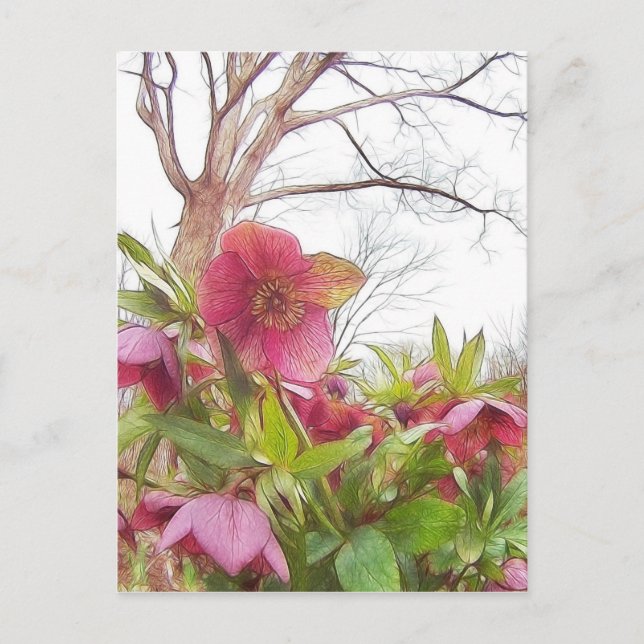 Garden Scene - Hellebores and Old Oak Vykort (Framsida)