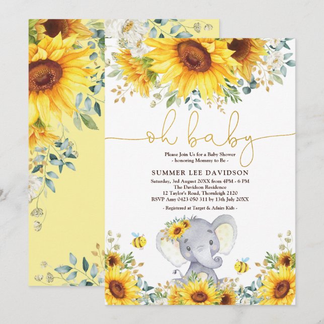 Garden Sunblommor Elephant Neutralt Baby Shower Inbjudningar (Fram/baksida)