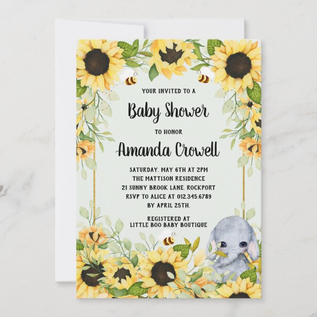 Garden Sunblommor Elephant Neutralt Baby Shower Inbjudningar (Framsida)