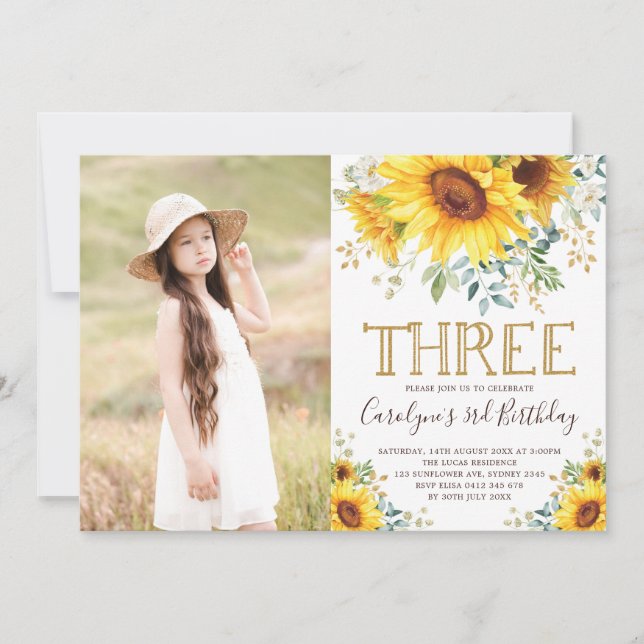 Garden Sunblommor Greenery 3:e födelsedagsfoto Inbjudningar (Framsida)