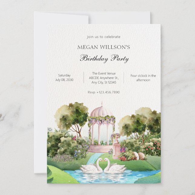 Garden svan minimalistisk elegant födelsedag inbjudningar (Framsida)