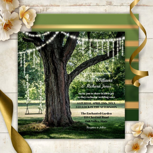 Garden Swing Träd String Ljus Bröllop Inbjudningar (Magical wedding invitation with an enchanted garden or park theme with a swing with flowers)