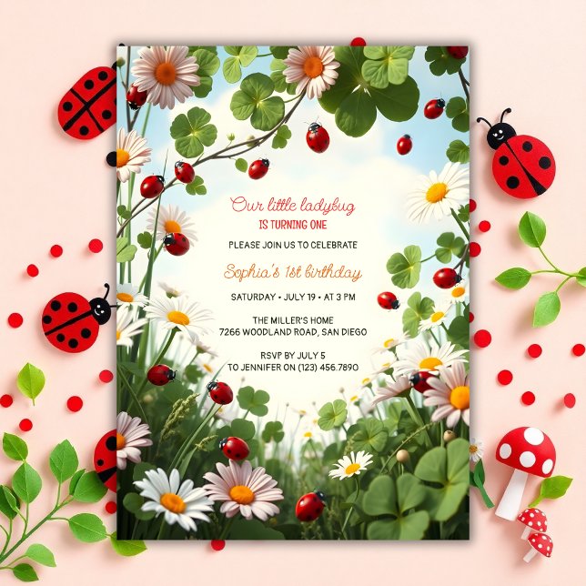 Garden Theme Flicka Ladybug 1:a födelsedagen Inbjudningar (Ladybug 1st Birthday Invitation – Garden Theme Party Invite for Baby Girl)