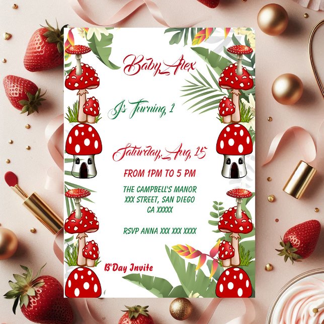 Garden Toadstool Grönt Foliage Baby 1:a födelsedag (Garden Toadstool Green Foliage Baby 1st Birthday Cards)