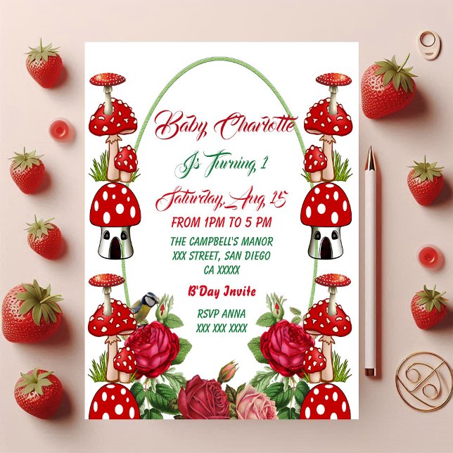 Garden Toadstool Rustic Ro Baby på födelsedag (Garden Toadstool Rustic Roses Baby's 1st Birthday Card)
