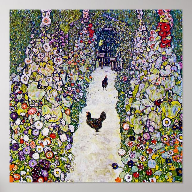 Garden Väg med Chickens, Gustav Klimt Poster (Framsidan)
