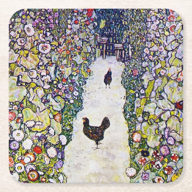 Garden Väg med Chickens, Gustav Klimt Underlägg Papper Kvadrat (Framsidan)