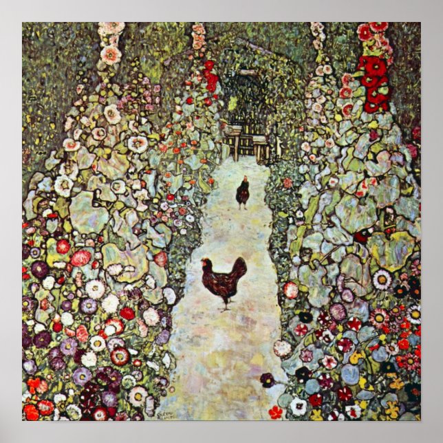 Garden Väg w Chickens, Gustav Klimt, Art nouveau Poster (Framsidan)