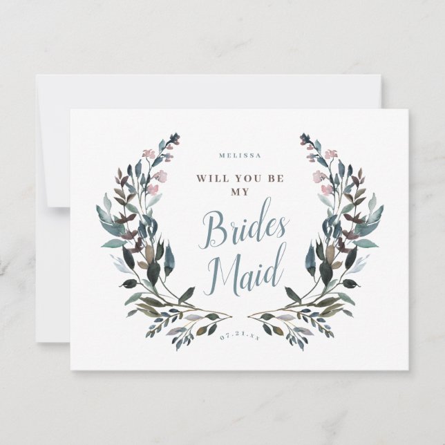 Garden Vapensköld Dusty Blue Blommigt Bridesmaid Inbjudningar (Framsida)