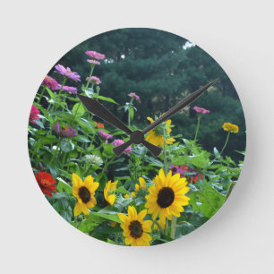 Garden View- Solros, daisy, kosmos Rund Klocka