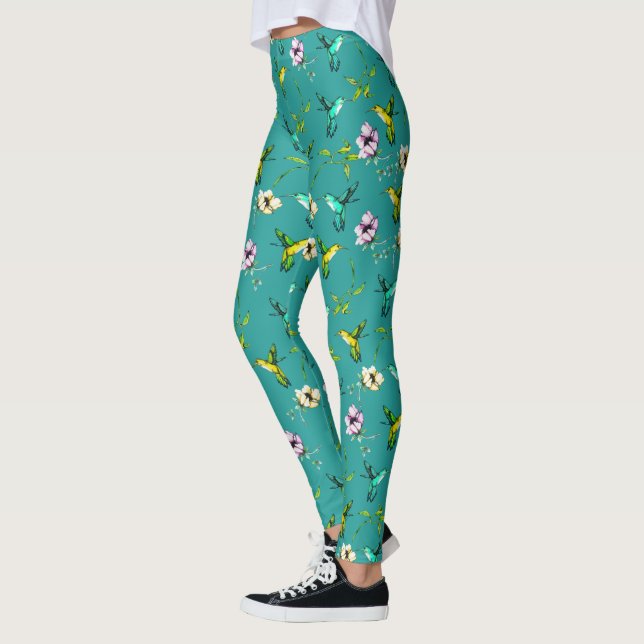 Garden Watercolor Hummingbird & Flowers Leggings (Vänster)