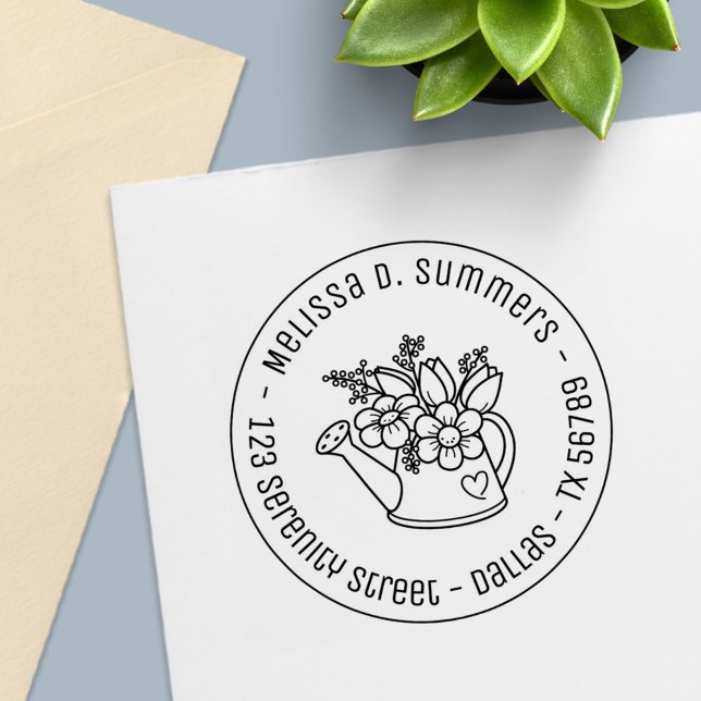 Garden Watering can Flowers Round Adress 4 Självfärgande Stämpel (Skapare uppladdad)