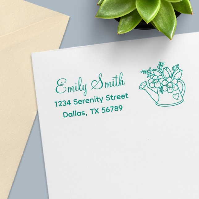 Garden Watering Can med Flowers Adress Självfärgande Stämpel (Skapare uppladdad)