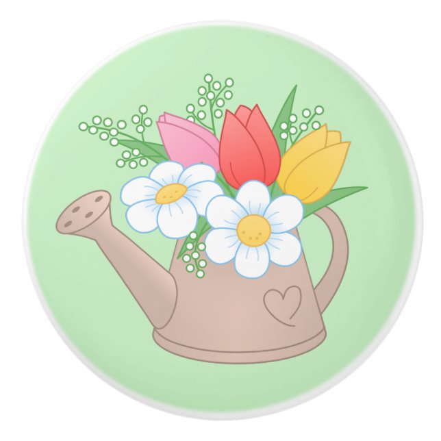 Garden Watering Can med Flowers på Grönt Knopp (Framsidan)