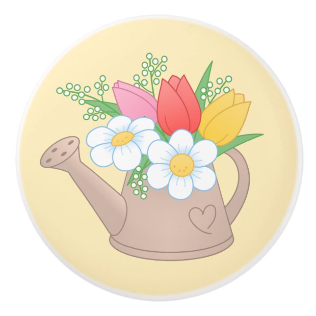 Garden Watering Can med Flowers på Gult Knopp (Framsidan)