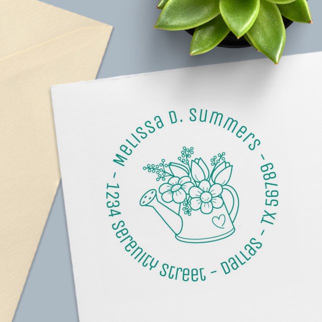 Garden Watering Can med Flowers Round Adress 2 Självfärgande Stämpel (Skapare uppladdad)