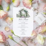 Garden Wedding Blommigt Arch Fontän Inbjudningar<br><div class="desc">Den här elegantens bröllopsmeny har en blommigt dörrbåge och en fontän med anpassade grått-typografi. Romantisk,  elegant bröllop-design.</div>