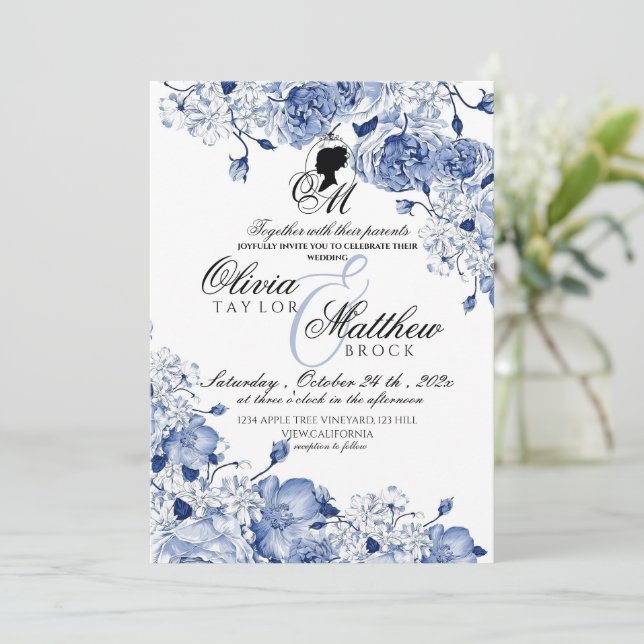 Garden Wedding Flowers Elegant Blue Ro Photo Inbjudningar (Stående Fram)
