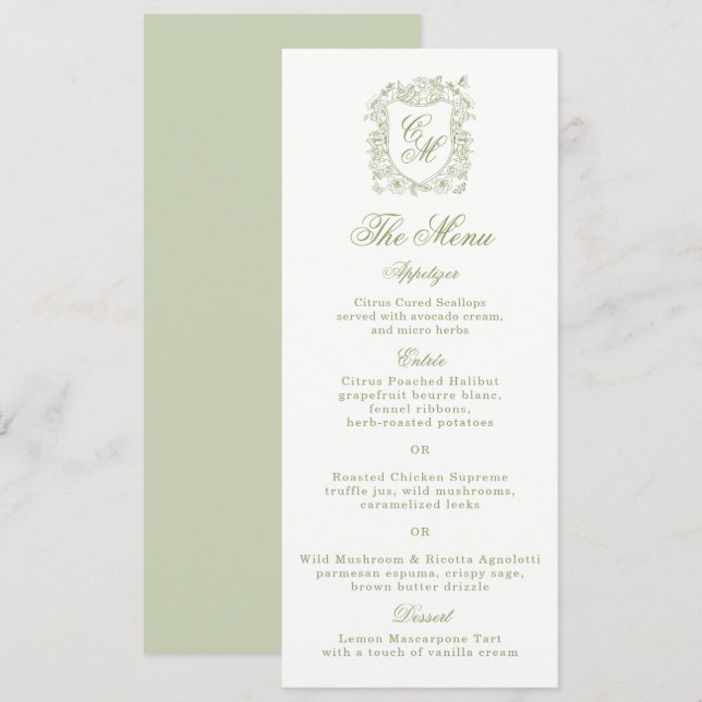 Garden Wedding Sage Green Monogram Crest Menu Card Inbjudningar (Fram/baksida)