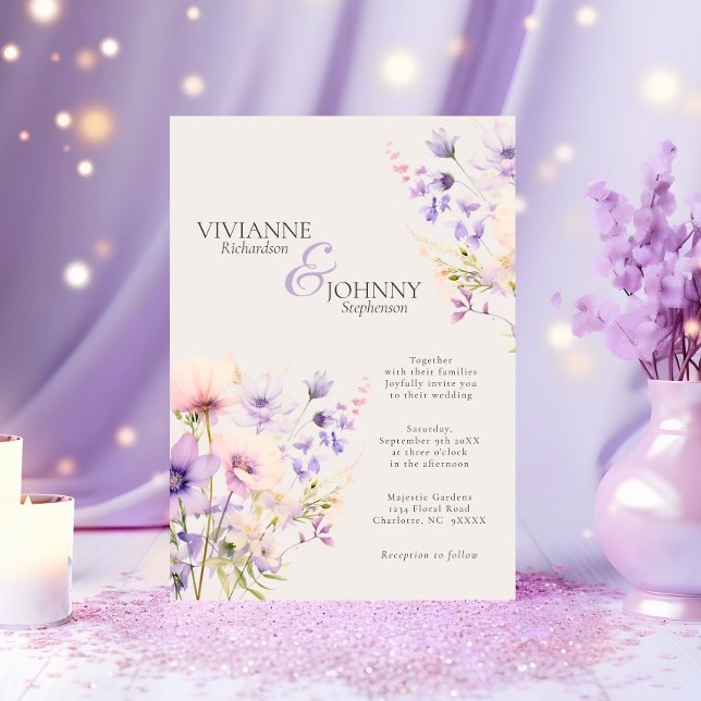 Garden WildblomLavender Beige Bröllop Inbjudningar (Garden Wildflowers Lavender Beige Wedding Invitation)