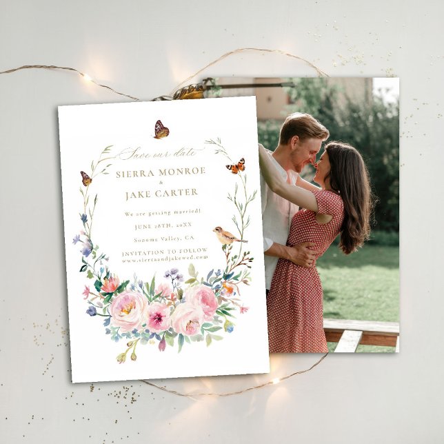Garden Wildblommor Chic Photo Bröllop Spara Date Inbjudningar (garden wedding save the date photo wildflowers roses enchanted woodland forest butterflies fairytale)