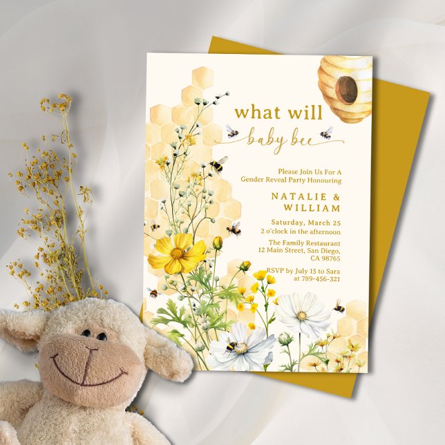 Garden Wildblommor Honeycomb Bee Gender Reveal Inbjudningar (Garden Wildflowers Honeycomb Bee Gender Reveal Invitation)