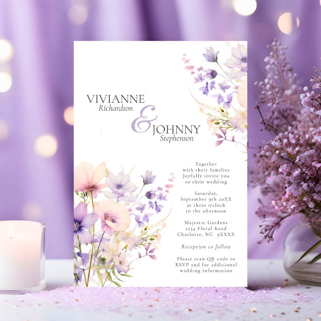 Garden Wildblommor Lavender Bröllop QR-kod Inbjudningar (Garden Wildflowers Lavender Wedding QR code Invitation)