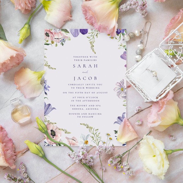 Garden Wildbloms inbjudan till Lila-bröllop (Garden Wildflower Purple Wedding Invitation)