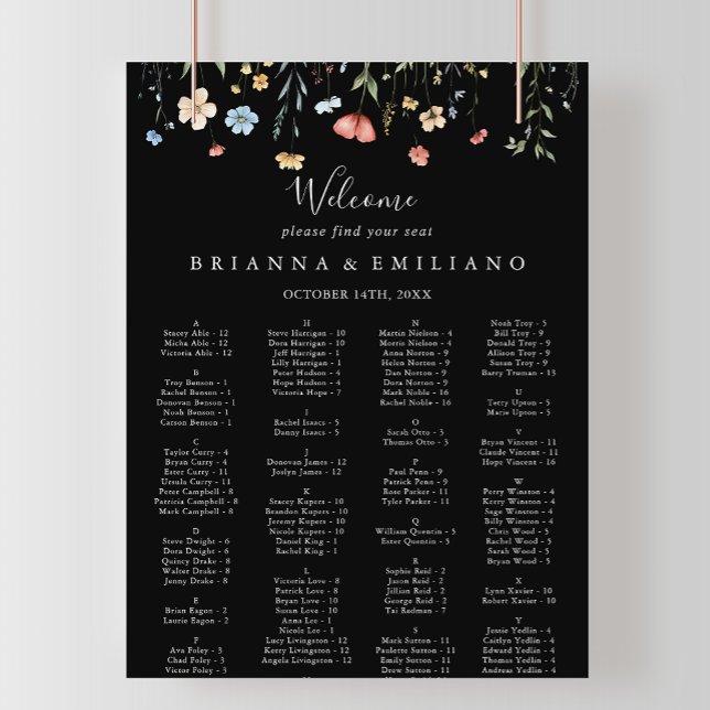 Garden wildflower Black Alphabetical Seating Chart Poster (Skapare uppladdad)