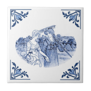 Gardeners Girl Vintage Delft Corner Blue and White Kakelplatta