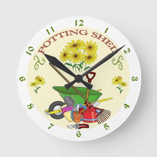 Gardener's Potting Shed Clock, Garden Verktyg Rund Klocka (Framsida)