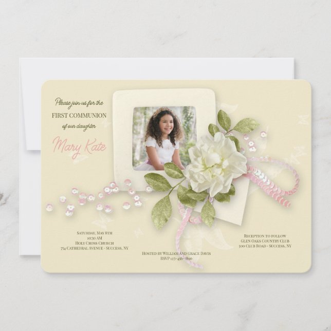 Gardenia och Butterflies Photo Communion Inbjudningar (Framsida)