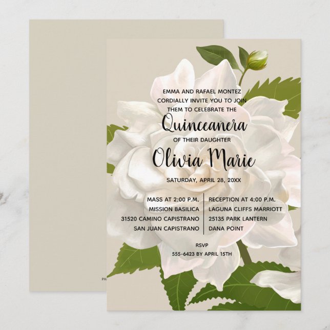 Gardenia Vintage Blommigt Quinceañera-inbjudan (Fram/baksida)