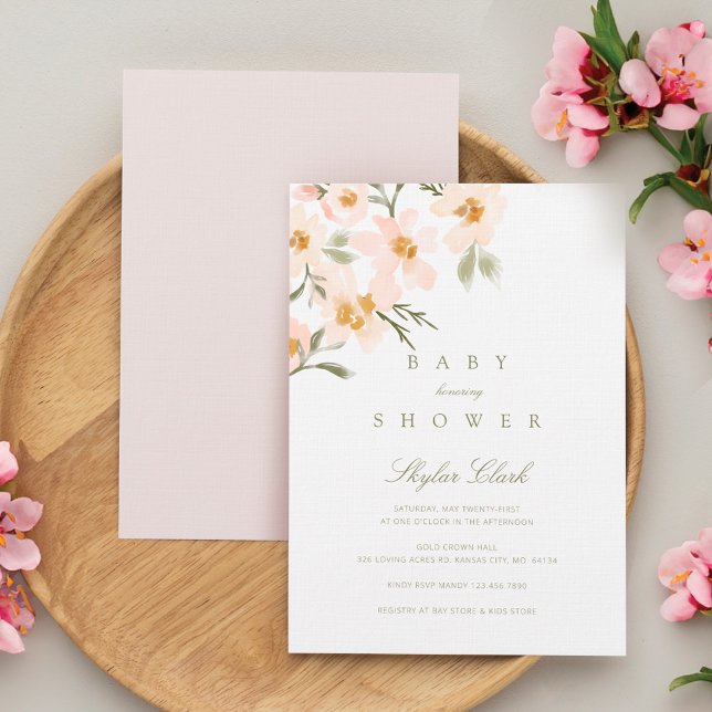 Gardenia Watercolor Blommigt  Baby Shower Inbjudningar (Gardenia Watercolor Floral Blush Baby Shower Invitation)