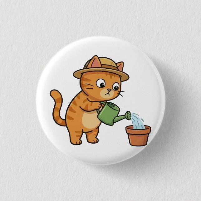 Gardening Cat Watering Plant Button Knapp (Framsida)