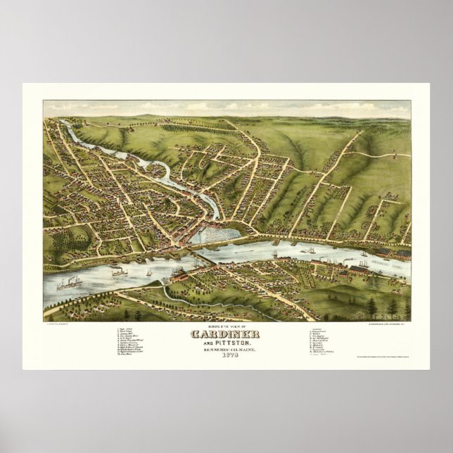 Gardiner & Pittston, ME Panoramic Karta - 1878 Poster (Framsidan)