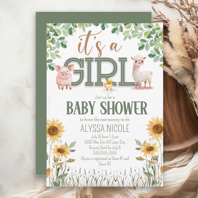 Gårdsdjur Babyflicka Barnkalas Inbjudningar (Baby girl farm animal baby shower invitation)