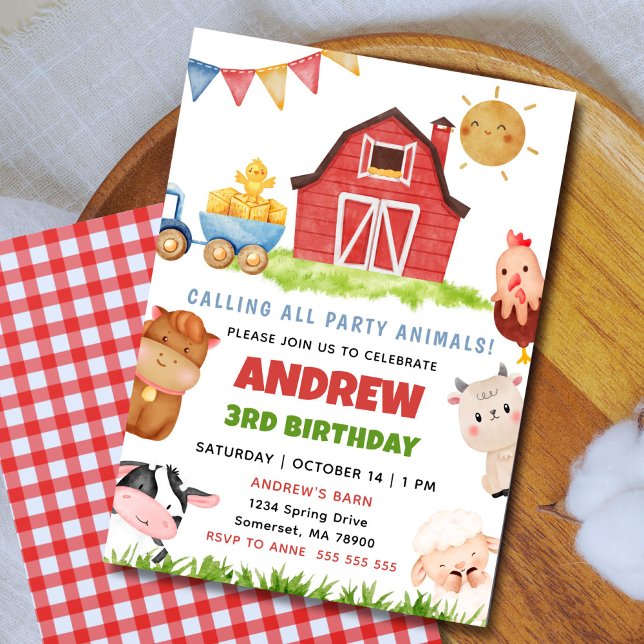 Gårdsdjur Gårds Bash Ranch Födelsedagsfest Inbjudningar (Calling all animals! Cute editable farm birthday invitation for a fun barnyard party.)