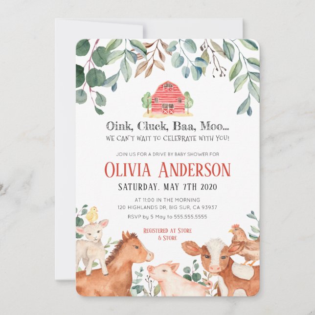 Gårdsdjur Parad Baby Shower Inbjudan (Framsida)
