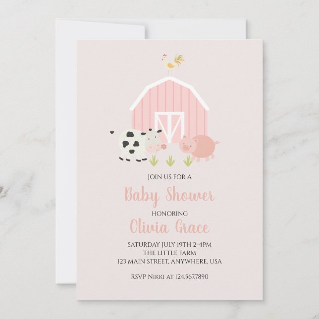 Gårdsdjur rosa lada baby shower inbjudningar (Framsida)