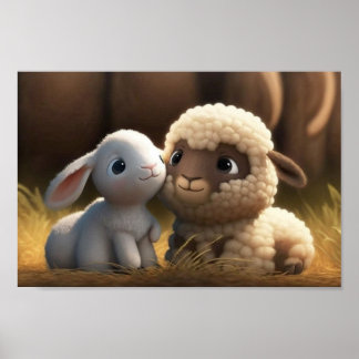 Gårdsdjur Serie - Söt Kanin och Lamm Poster