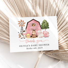 Gårdsdjur, söta djur, rosa lada, baby shower tack kort