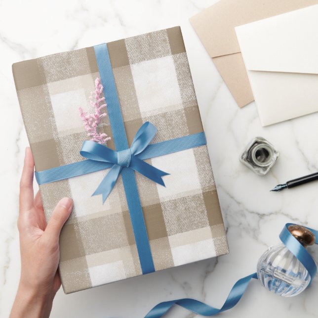 Gårdshus Beige Vit Buffalo Mjuk Rutig Mönster Presentpapper (Gifting)