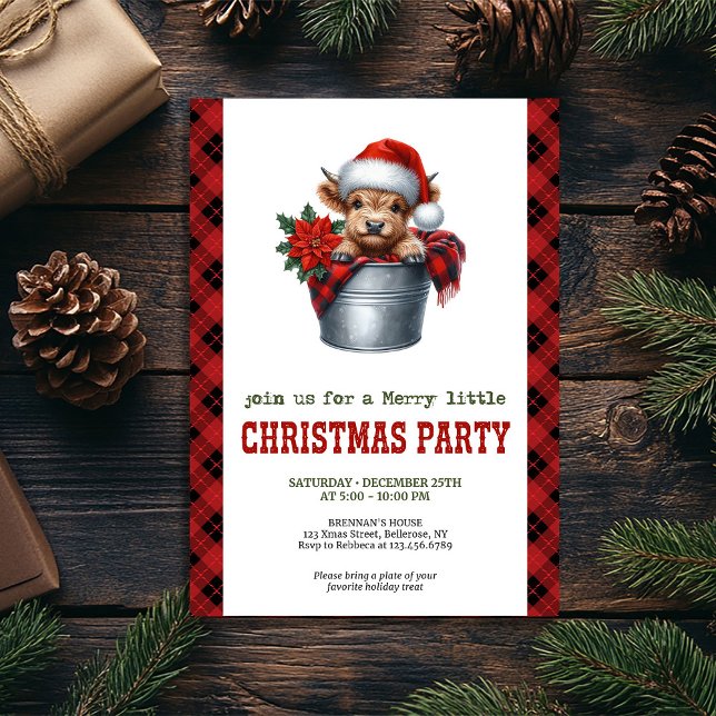 Gårdshus höglandska kor julfirande inbjudan (Farmhouse highland cow Christmas holiday invite)