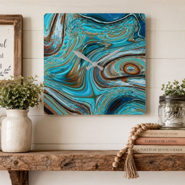 gårdshus tealblå Trästruktur turkos virvlar Fyrkantig Klocka (farmhouse teal blue Woodgrain turquoise swirls Square Wall Clock)
