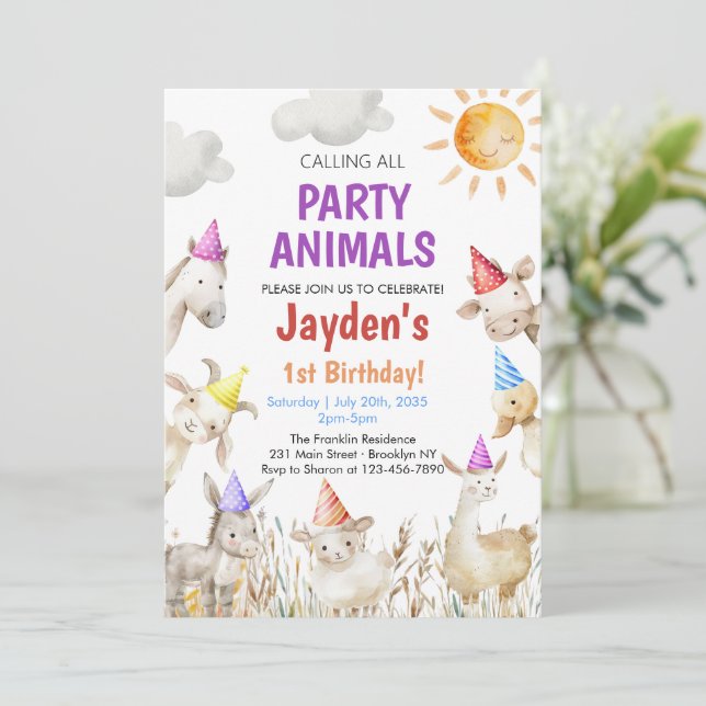 Gårdsjur könsneutralt Barnyard 1-årsdag Inbjudningar (Stående Fram)