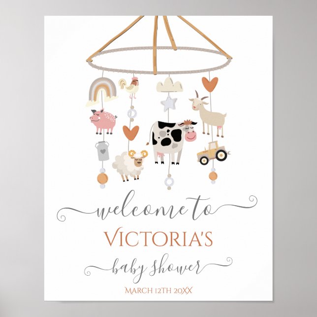 Gårdsjur Mobil Babyshower Välkomstskylt Poster (Framsidan)