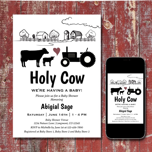 Gårdskö för matta och torktumlare i Land Inbjudningar (Cute Cows and Tractor Country Farm Baby Shower Invitation)