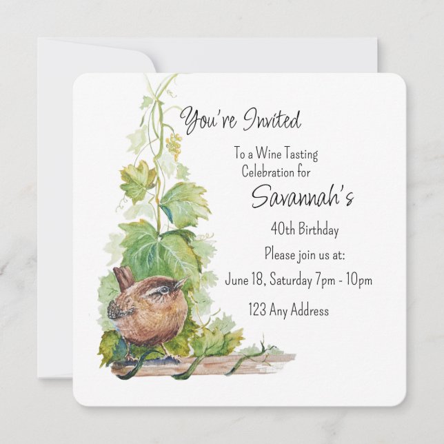 Gärdsmyg Fågel Vingård Vinprovning Födelsedag Inbjudningar (Framsida)